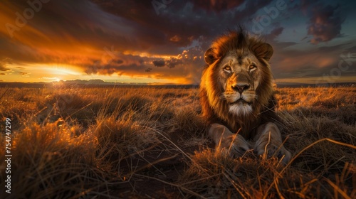 Golden Sunset Lion Landscape Wide Angle View AI Generated