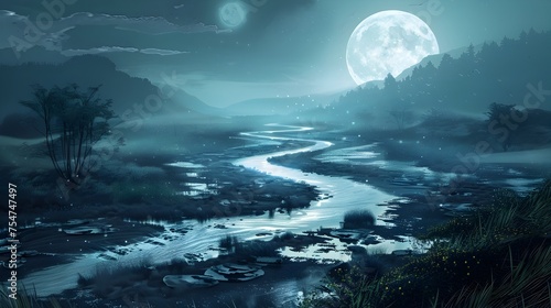 Moonlit River Wander Through a Dreamy Fantasy Landscape, Blue Hues Night Tableau © pkproject