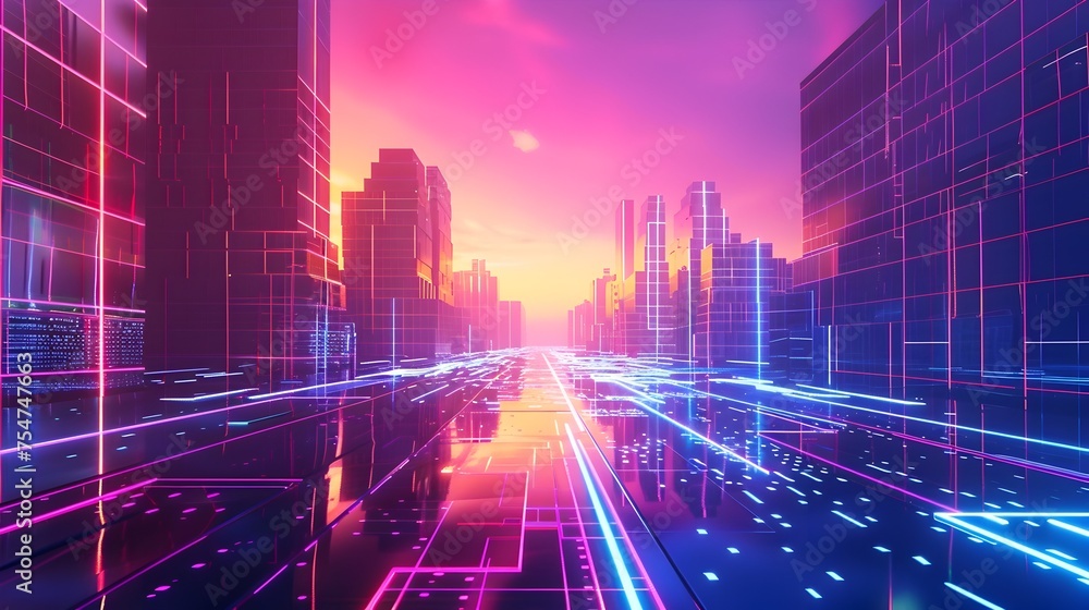 Futuristic Cityscape with Vibrant Neon Lights and Data Stream Road in Metaverse