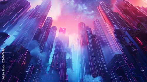 Futuristic Cityscape with Glowing Neon Lights Amidst Stars and Galaxies, Marketing an image on a stock photo platform, focusing on search