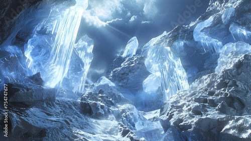 Frozen Fantasy Ice Cave with Ethereal Light Rays and Intricate Icy Formations