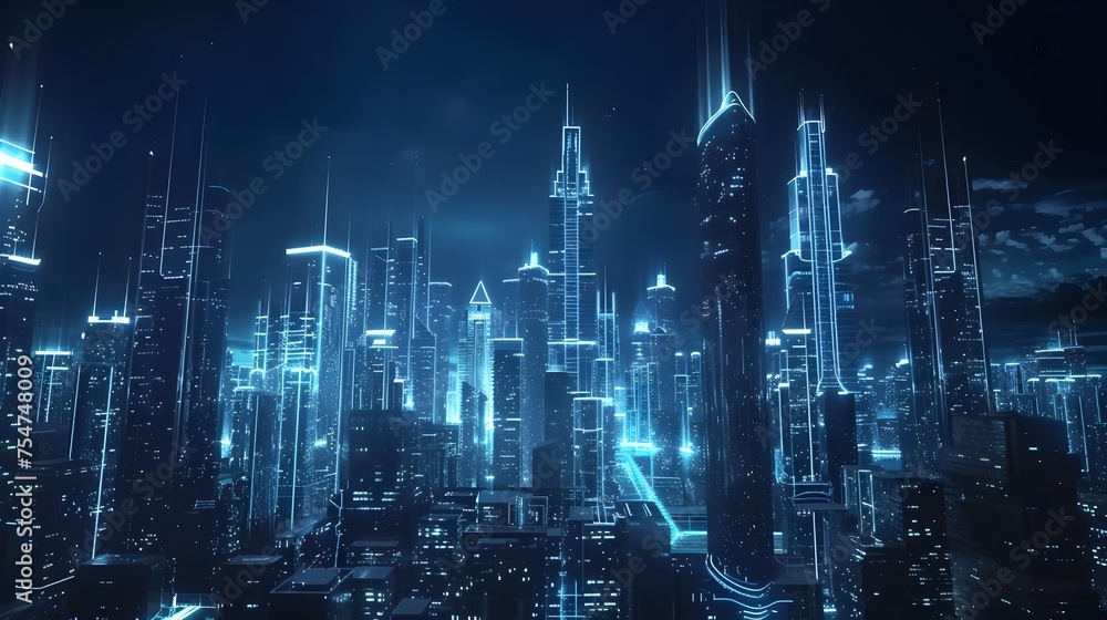 Futuristic City Nightscape Glowing with Blue Lights and Skyscrapers Futuristic City Nightscape Glowing with Blue Lights and Skyscrapers