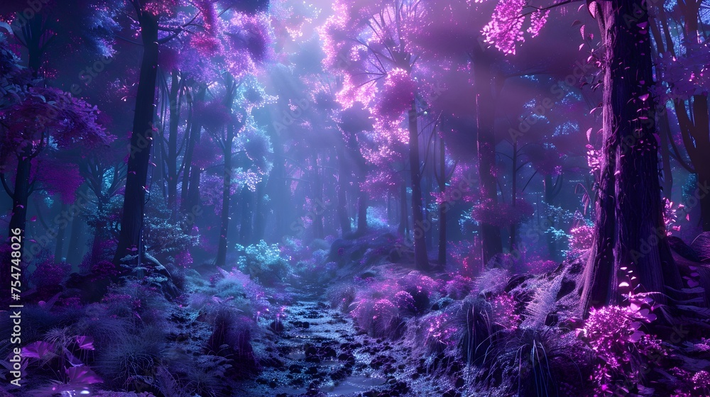 Neon Flora Forest Emanating Mystical Ethereal Glow in 3D Abstract Landscape