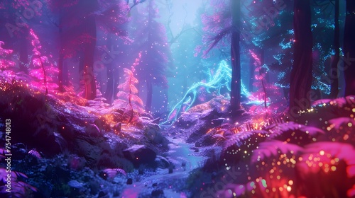 Neon Bioluminescent Forest with Fantasy Creatures