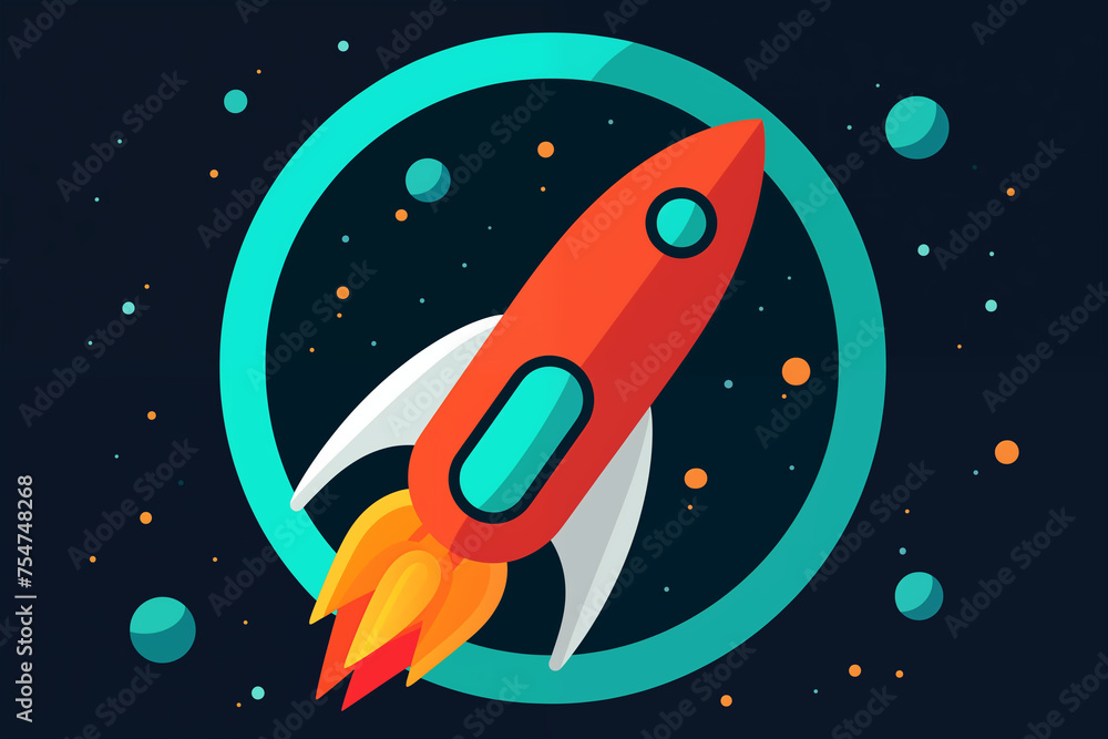 A cartoon rocket ship blasts through space past stars, planets, and a friendly alien UFO A cartoon rocket ship blasts through space past stars, planets, and a friendly alien UFO