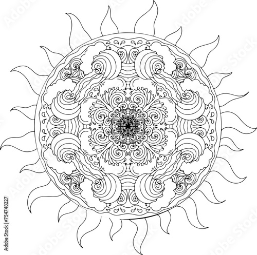 Mandala. Anti-stress coloring book. Sun and sea waves