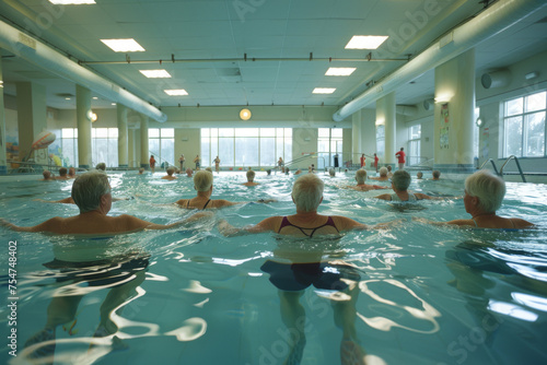 Retirees practicing water aerobics in a sparkling community pool. Generative AI