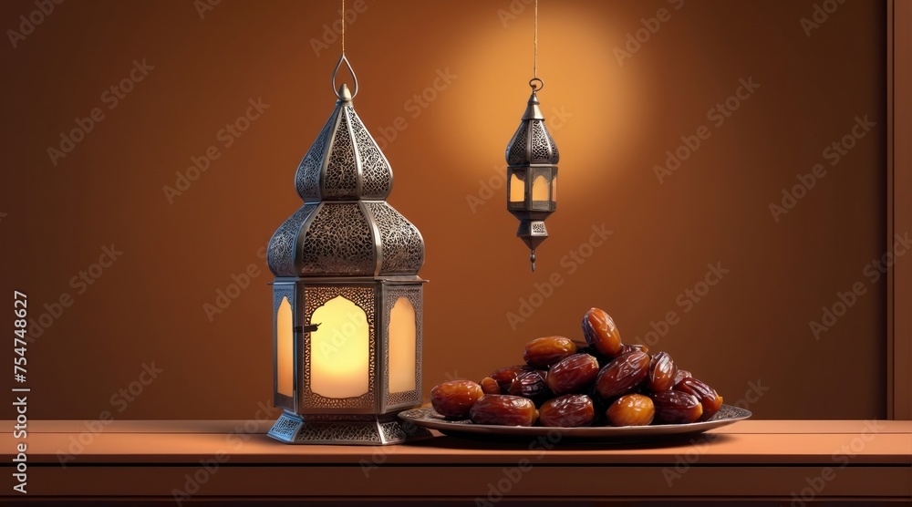 Islamic background. a beautiful ramadan lantern with a plate of dates. Ramadan kareem