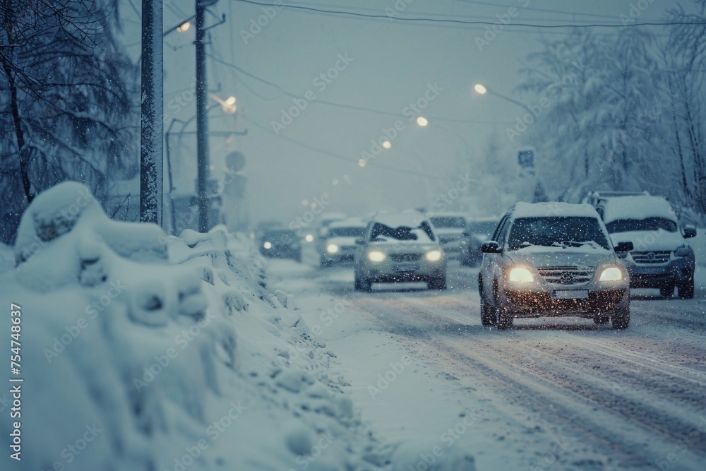 Convoy of cars, snowy road, heavy snowfall.