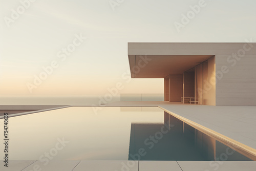 3d rendering toned image of modern house exterior with swimming pool and sunset sky. realistic and minimalist concrete texture building with pool, muted, beige, golden hour, magazine aesthetic, cinema