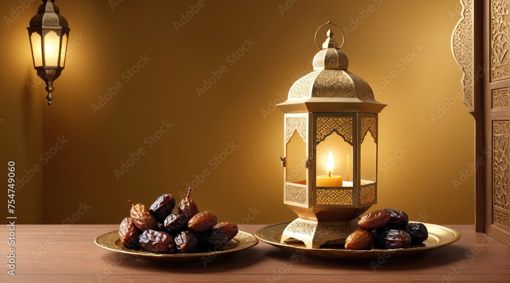 a beautiful rgolden lantern with a plate of dates. Ramadan kareem	