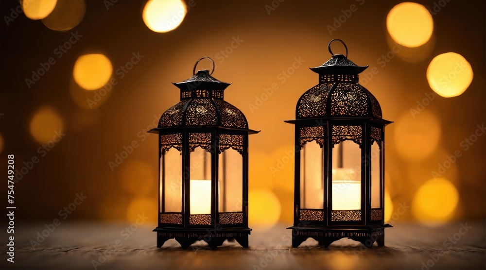 a beautiful ramadan lantern with a plate of dates in bokeh background. Ramadan kareem