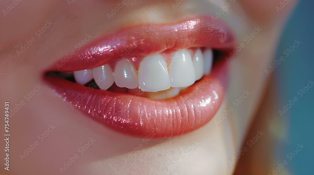 Obraz premium Close-up of glossy lips and white teeth, expressive smile detail. beauty and dental health concept. perfect for cosmetic and dentistry content. AI