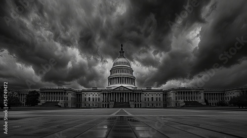 Stark cloudy weather over empty exterior view of the US Capitol Building in Washington DC, USA 