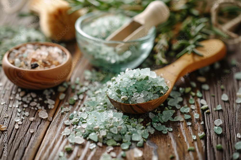 Herbal essential bath salts in bowls and wooden spoon on wooden table. Herbal essential bath salts in bowls and wooden spoon on wooden table.