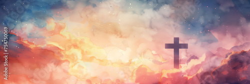 Ethereal watercolor background with a silhouetted cross amidst vibrant clouds, ideal for Christian holiday themes and with ample space for text