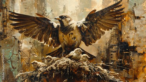 A mother bird spreads her wings to protect her nest of chicks among urban ruins, a symbol of hope and resilience photo