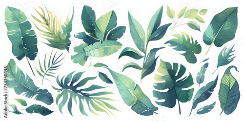 Watercolor tropical floral illustration set with green leaves, Generative AI © simba kim