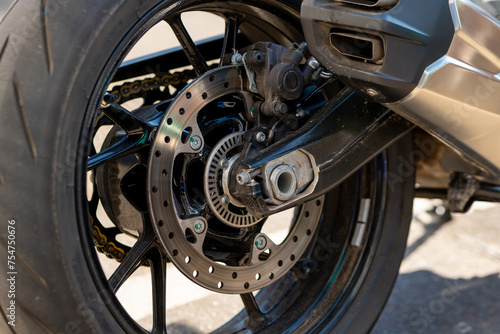 rear wheel of a motorcycle with a brake