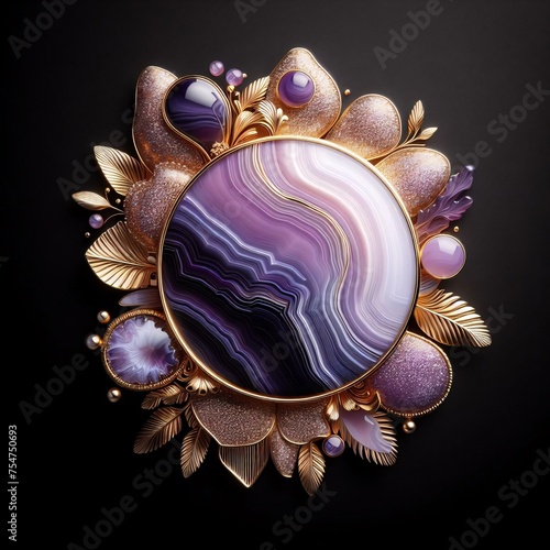 Abstract flower background of purple agate stone with gold photo