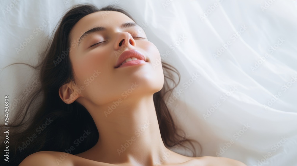 Naklejka premium Woman during an orgasm in bed. Women's pleasure. A beautiful female is enjoying and feels good.