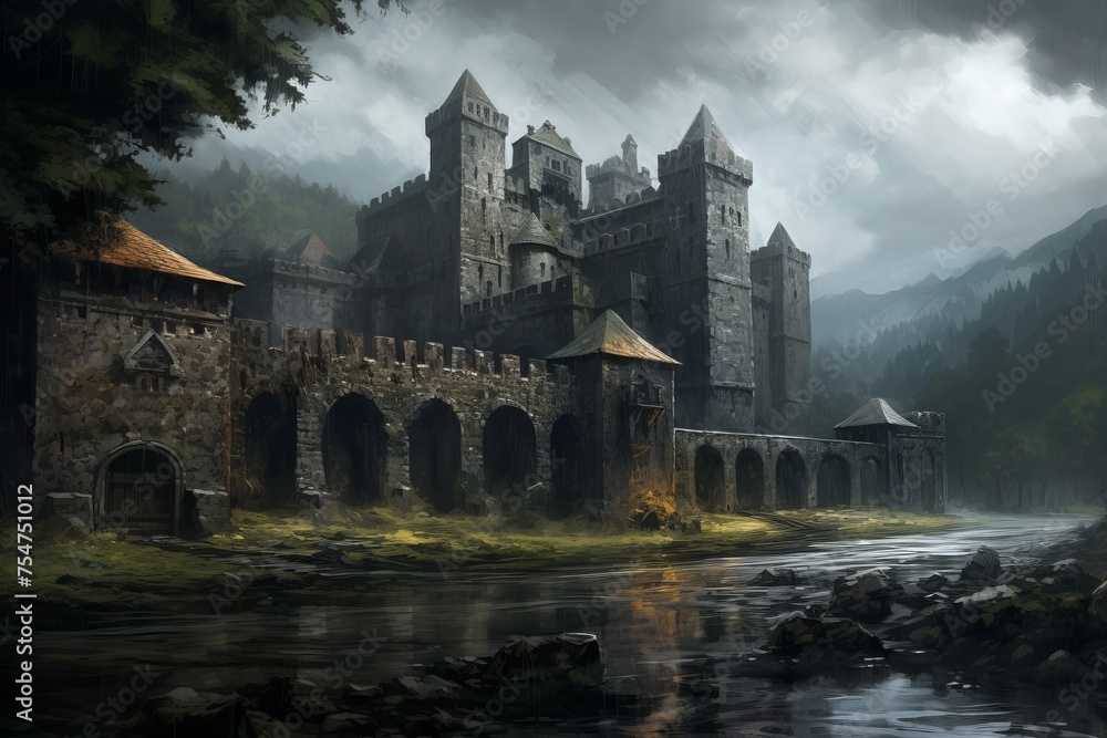 Mysterious Medieval castle building. Forest old palace. Generate AI