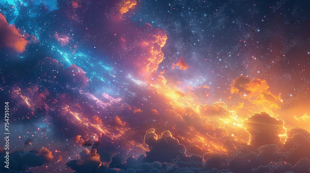 The sky is filled with vibrant colors, fluffy clouds, and twinkling