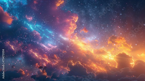 The sky is filled with vibrant colors, fluffy clouds, and twinkling