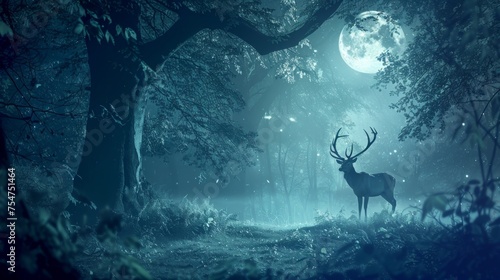 Ethereal Moonlit Forest with Enchanting Deer