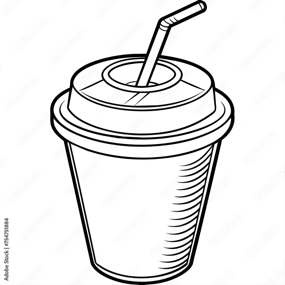 Black and White Illustration of Plastic Cup with Beverage for Coloring Book Black and White Illustration of Plastic Cup with Beverage for Coloring Book