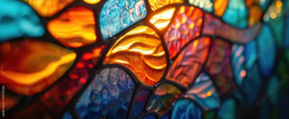 Detailed view of stained glass, highlighting the vibrant colors and intricate designs for an artistic backdrop