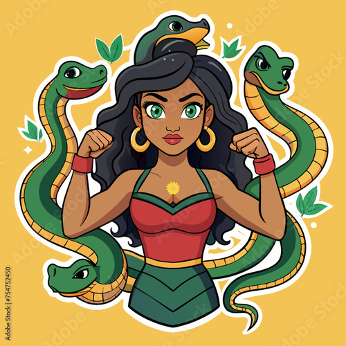 Tshirt Sticker of a Slay with Serpents Venomous Vibes Only - Capture the essence of empowerment with a sticker featuring a confident beautiful girl surrounded by coiling anacondas