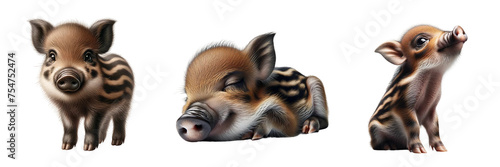 Adorable Wild Boar Piglet in Different Poses(Standing, sleeping, looking upwards) Illustration Set, Isolated on the White Background.