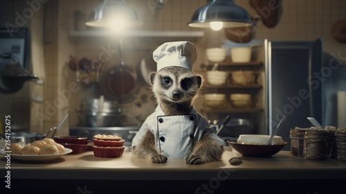 Meerkat chef cooks preparing food in restaurant kitchen. Animal chef