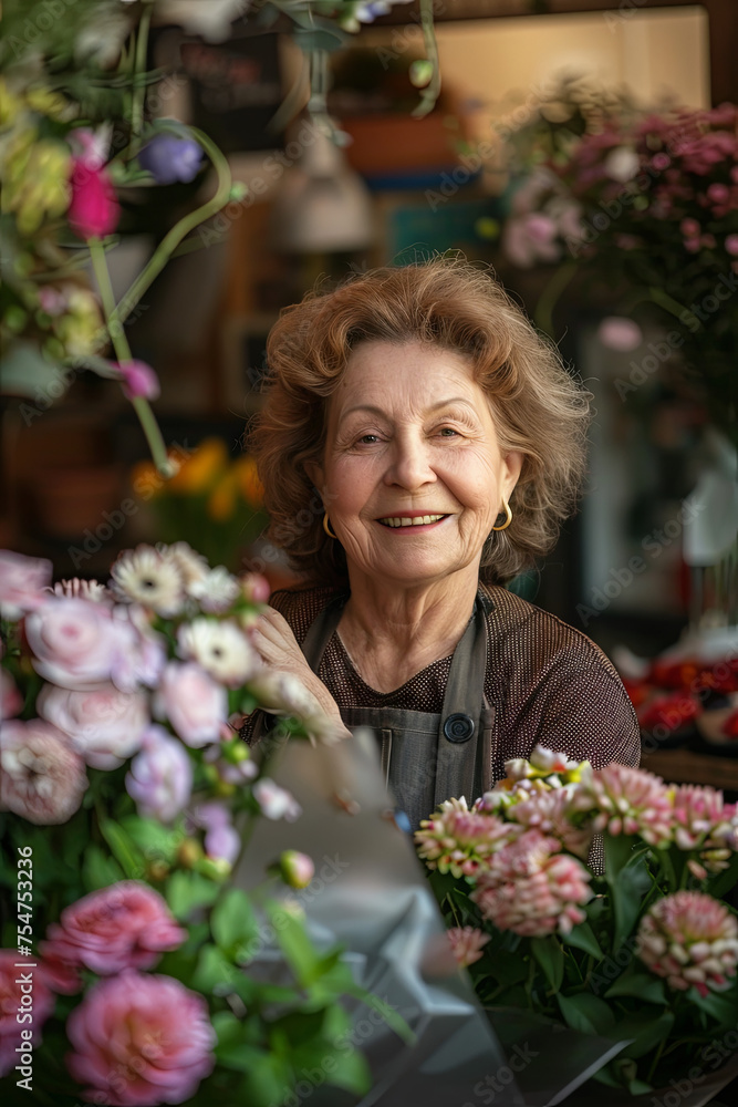 Smiling Mature Woman Florist Small Business Flower Shop Owner. Shallow Focus