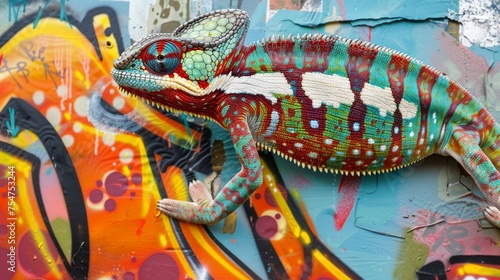 Graffiti Art Fusion: Charismatic Chameleon on Urban Wall © AnimalAI