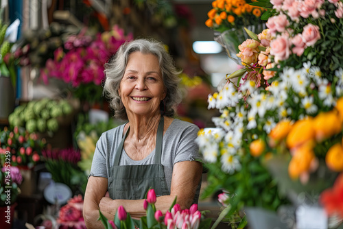 Smiling Mature Woman Florist Small Business Flower Shop Owner. Shallow Focus