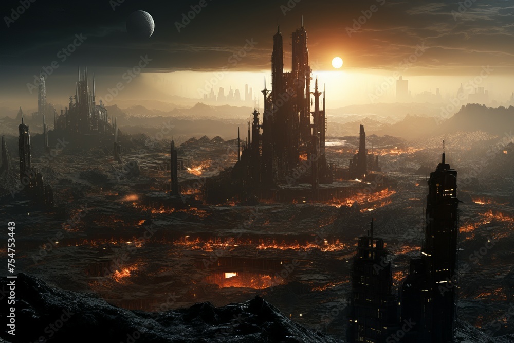Naklejka premium Extraterrestrial Megacity distant planet. Concept future. Generate Ai