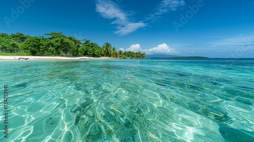 Tropical Island Shoreline with Crystal Clear Waters A breathtaking view of a tropical island shoreline, where clear aquamarine waters gently lap against the white sandy beach framed by lush foliage.   © M