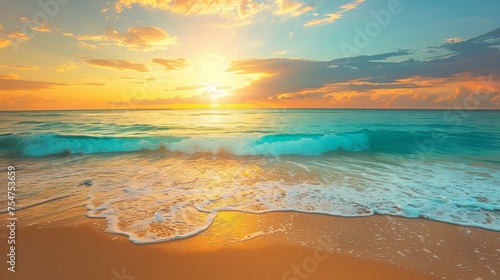 Vibrant Beach Sunset with Waves and Clouds The sun dips below the horizon  illuminating clouds and waves on a beautiful beach with vibrant orange and blue tones.  