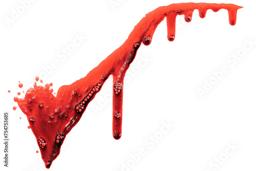 Dripping blood isolated on white background. Flowing bloody stains, splashes and drops. Trail and drips red blood close up