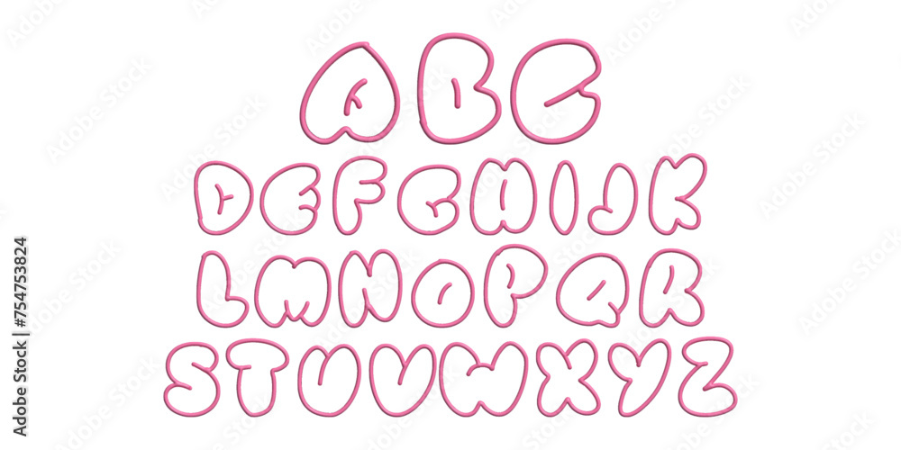 3D letters the English alphabet Y2K style. Font bubbles. Pink letters on edges for holiday birthday party.
