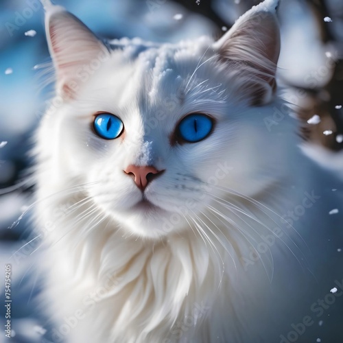 A Maine Coon cat with white fluffy fur and blue eyes.The ears are decorated with lush "tassels".She sits on the snow, and the snowflakes around her create an atmosphere of snowfall. Generative AI © Karen