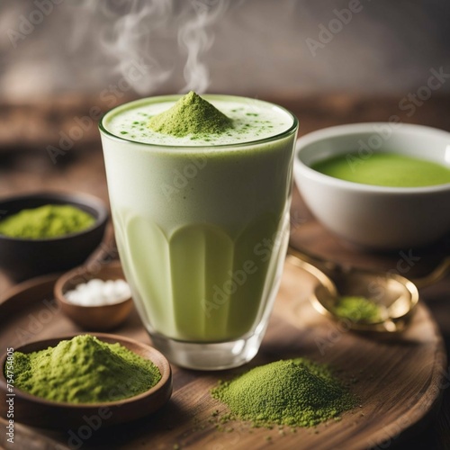 Matcha tea latte in a cup. Cup of matcha green tea latte with accessories. Matcha is a powder of green tea leaves packed with antioxidants. AI generated