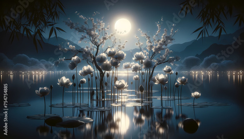 Luminous Dreamscape: Midnight Lotus under Starry Skies