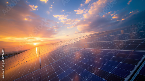 Solar panels at sunset, renewable energy © kanurism
