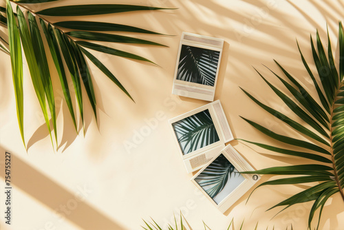 top view of wooden frames with tropical palm leaves on beige background photo