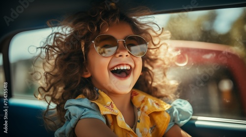 A happy little girl with curly hair wearing sunglasses smiles while sitting in the back seat of an old car, the wind blows her hair © AH