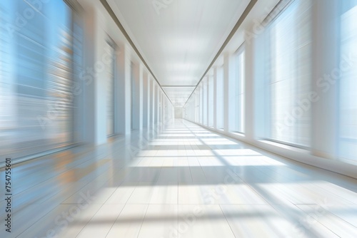 Blurred long white hallway with windows