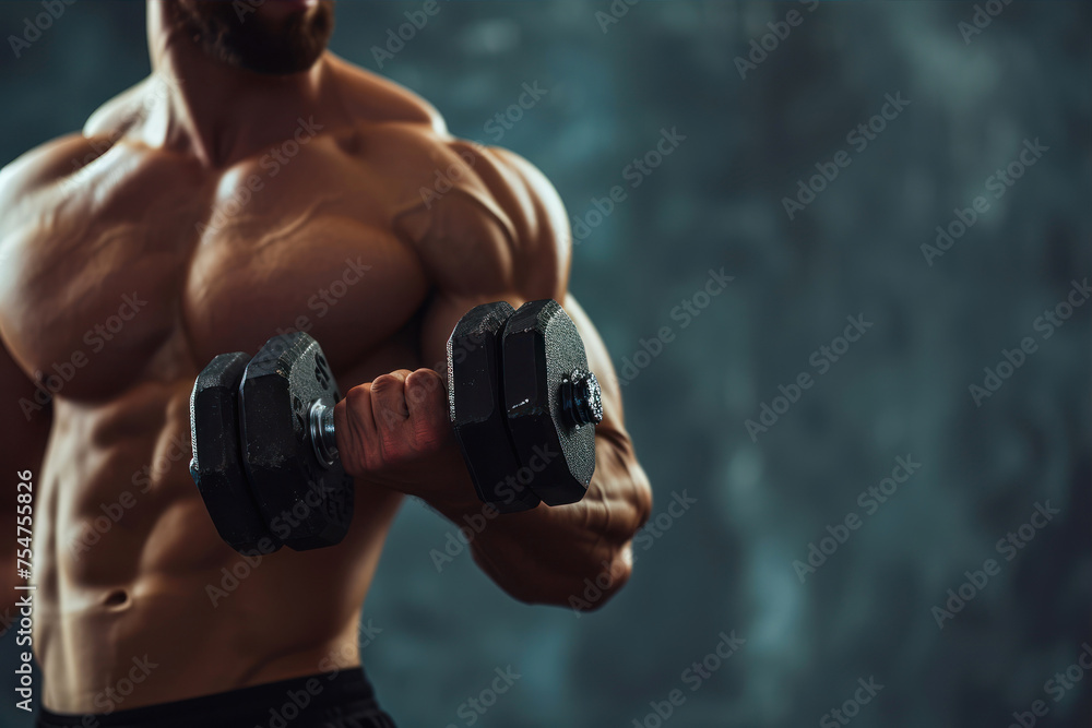 Muscular man doing exercises with dumbbells on dark background.